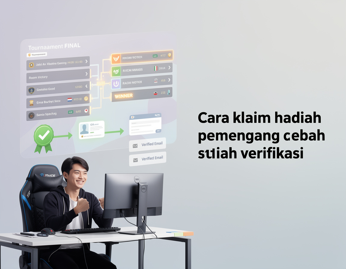 Ilustrasi cara klaim hadiah pemenang setelah verifikasi untuk turnamen game online starmax77 dengan bracket dan room match